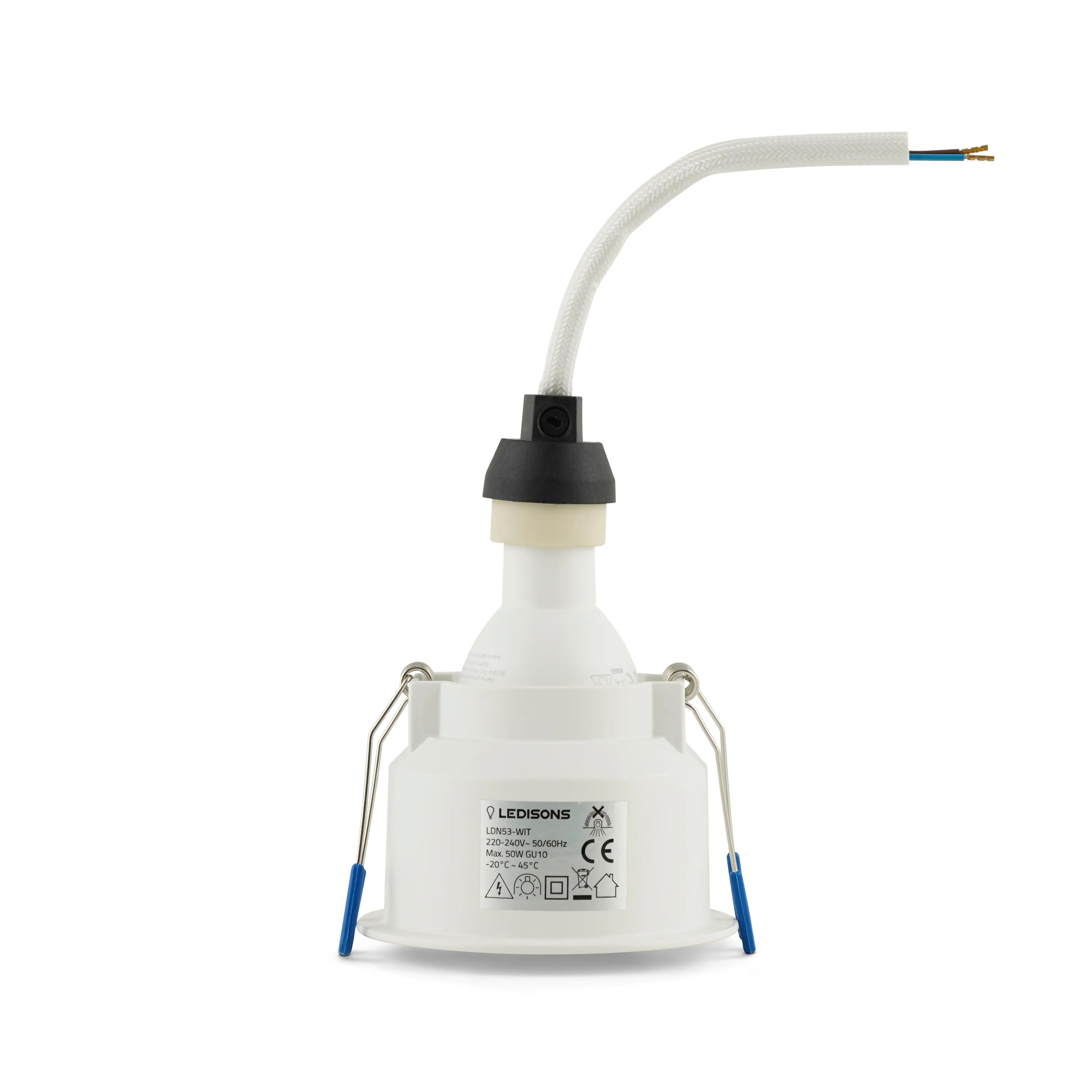 Weisse GU10 Einbauleuchte mit Fassung und Anschlusskabel fuer eine saubere und schnelle Montage in der Decke.