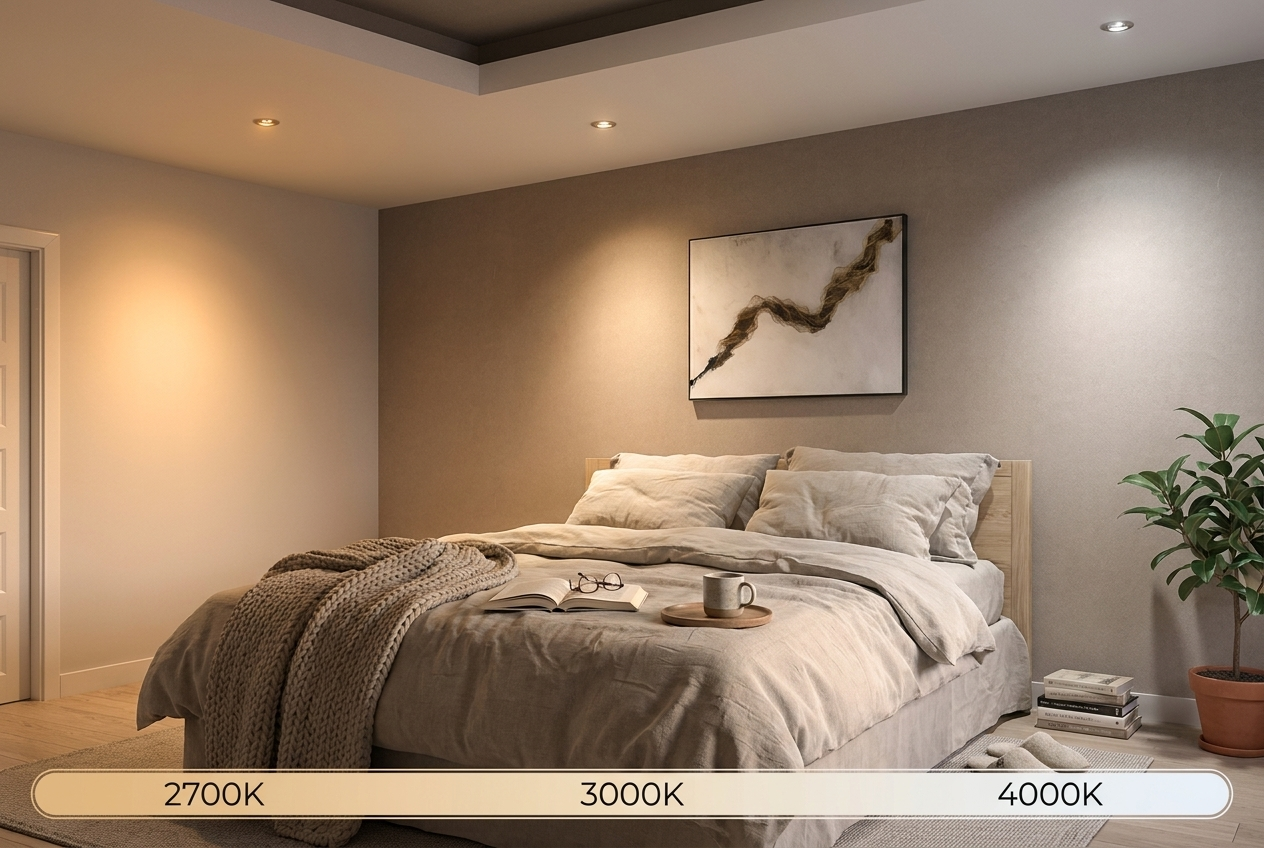 LED-inbouwspots tonen 2700K, 3000K en 4000K licht in een sfeervolle slaapkamer met warm interieur