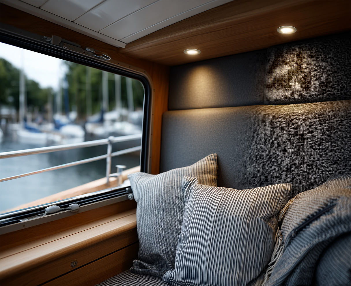 Mini LED Einbaustrahler in der Kabine eines Bootes fuer warme und angenehme Beleuchtung