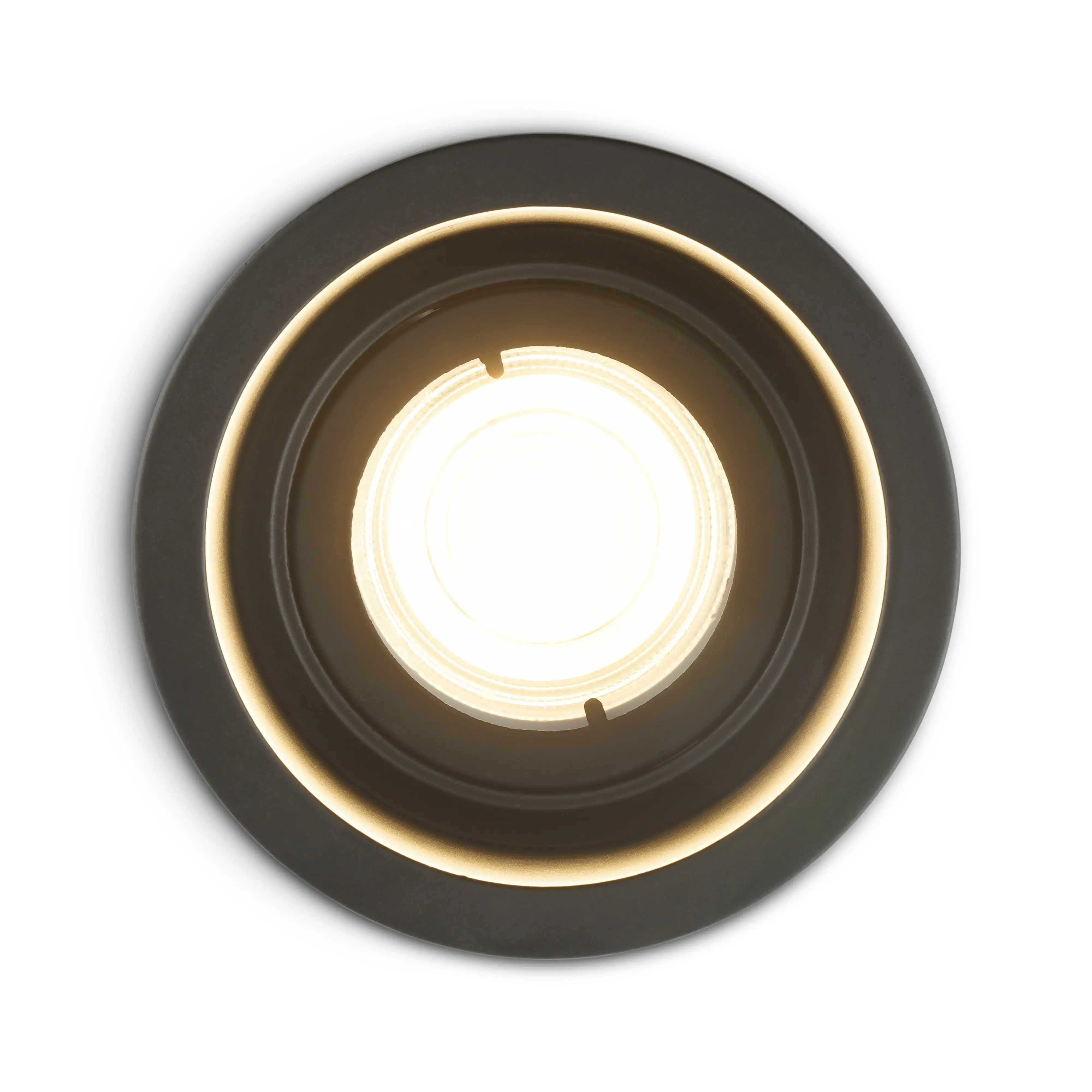 Schwarze Einbauleuchte mit tief sitzendem GU10 Leuchtmittel und warmem Licht fuer eine edle Raumwirkung.