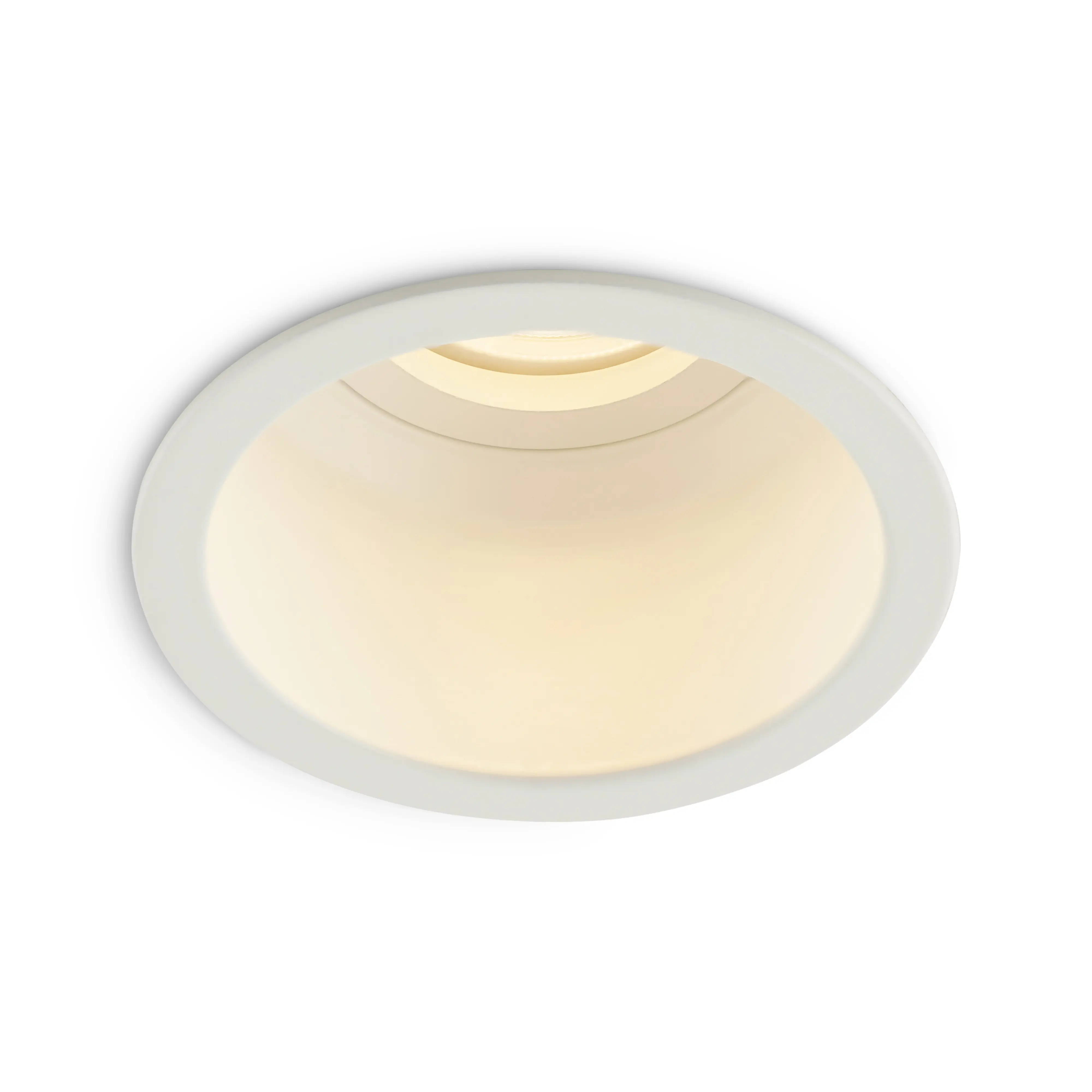 Weisse tief eingelassene Einbauleuchte fuer GU10 Lampen mit edler Ausfuehrung und ruhiger Optik an modernen Decken.