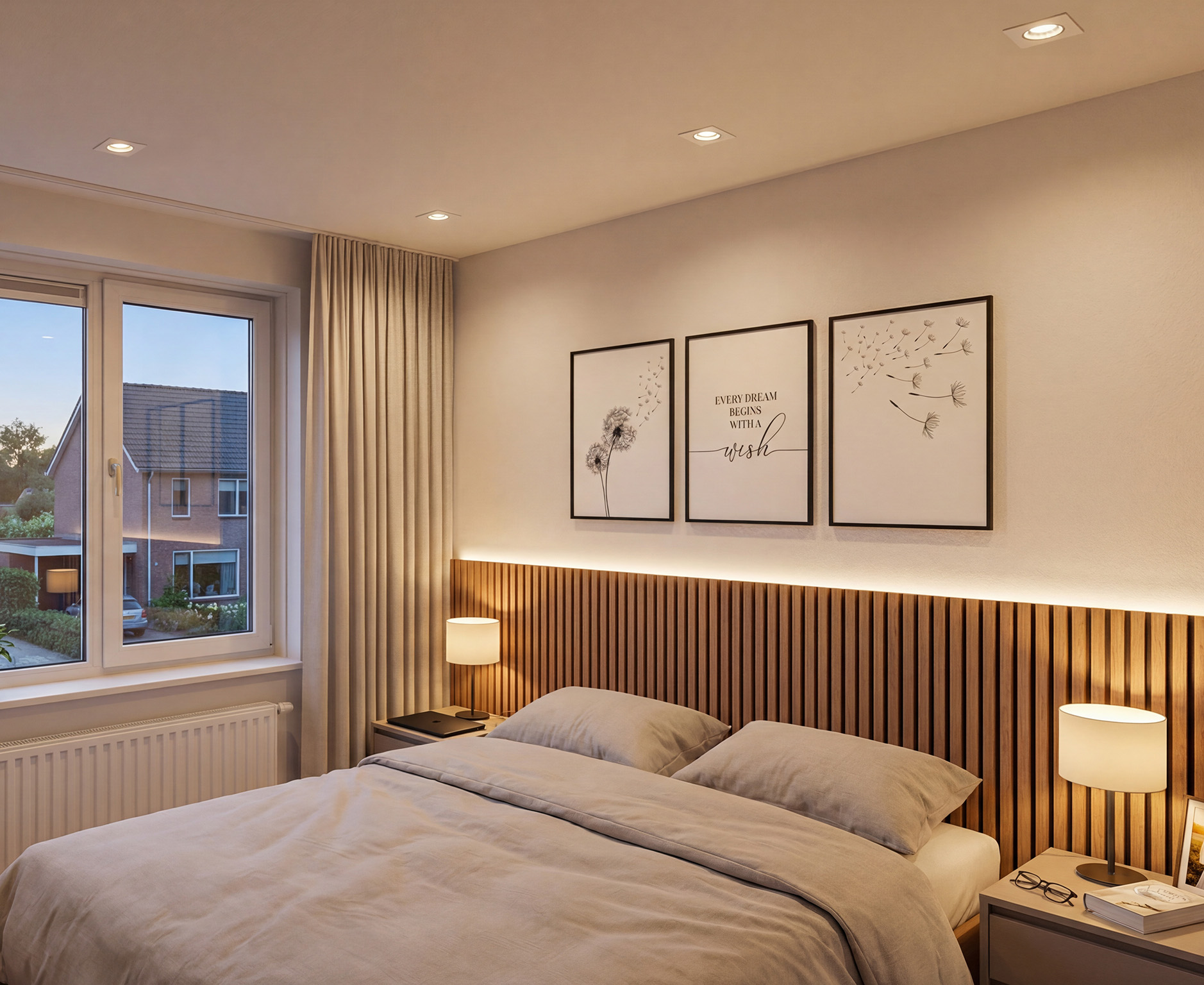 Schlafzimmer mit quadratischen LED Einbaustrahlern in der Decke fuer gleichmaessige Beleuchtung