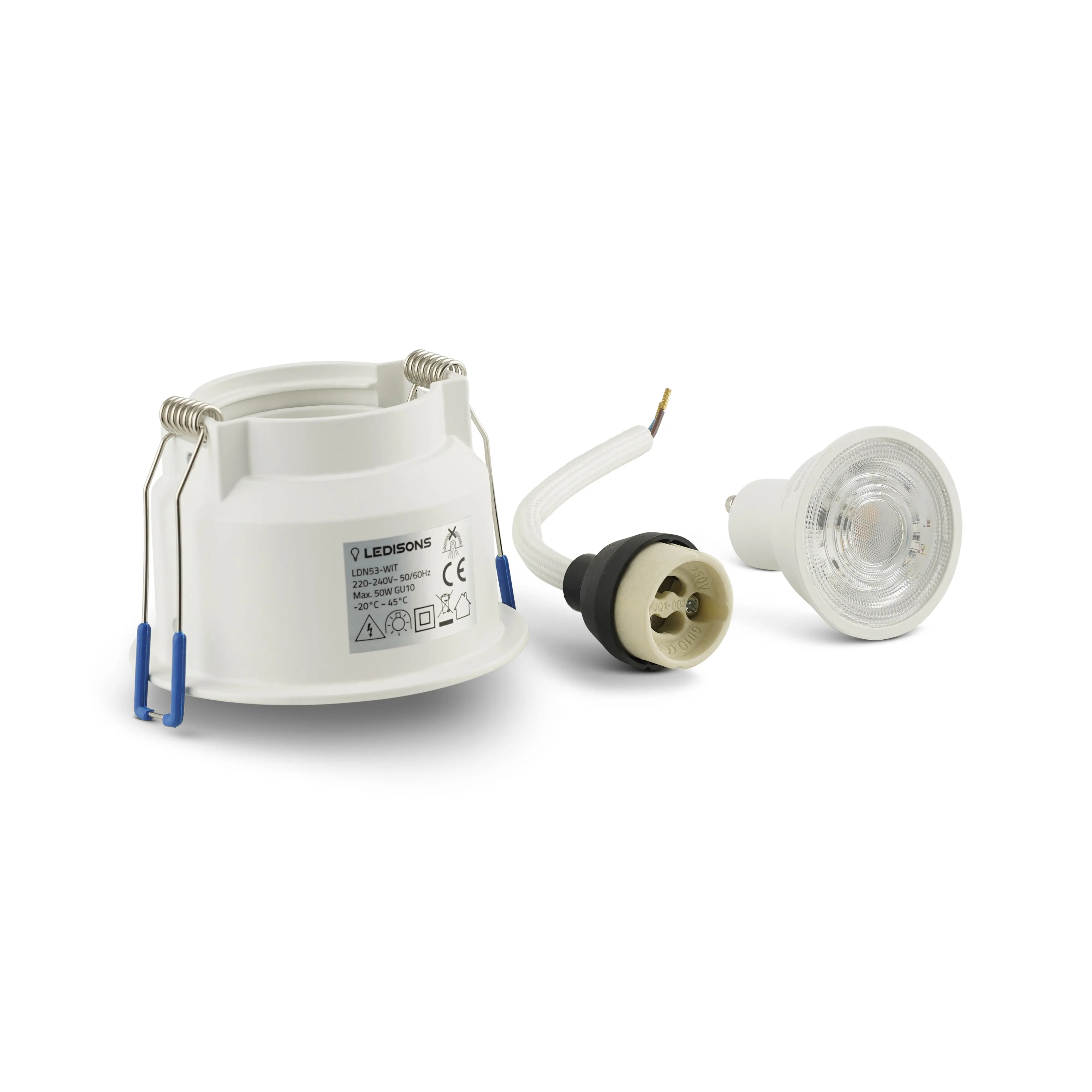 Komplettset mit weisser Einbauleuchte, GU10 Lampe und Fassung fuer eine saubere, edle Deckenoptik.