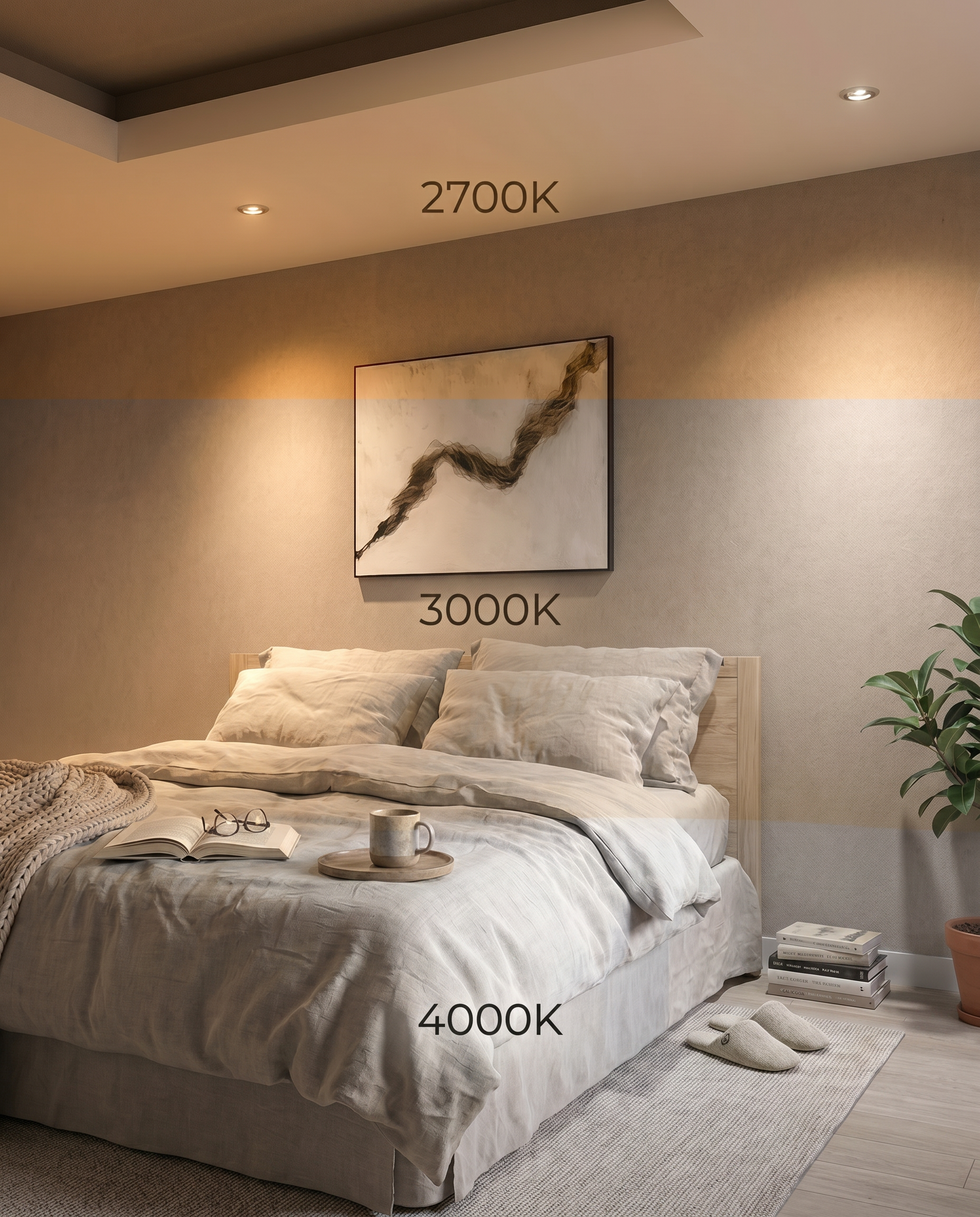 Twee LED-inbouwspots tonen 2700K, 3000K en 4000K licht in een rustige slaapkamer