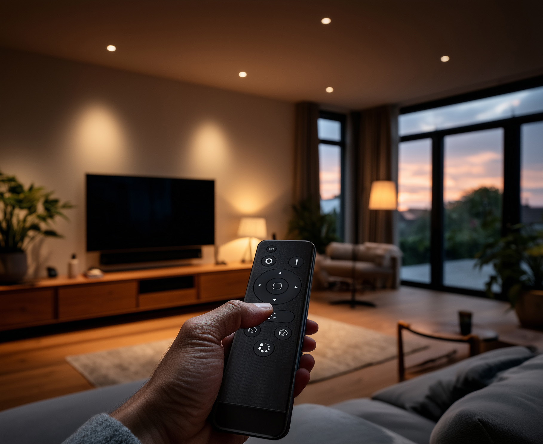 LED Einbaustrahler im Wohnzimmer mit Fernbedienung steuern fuer komfortable Lichtsteuerung