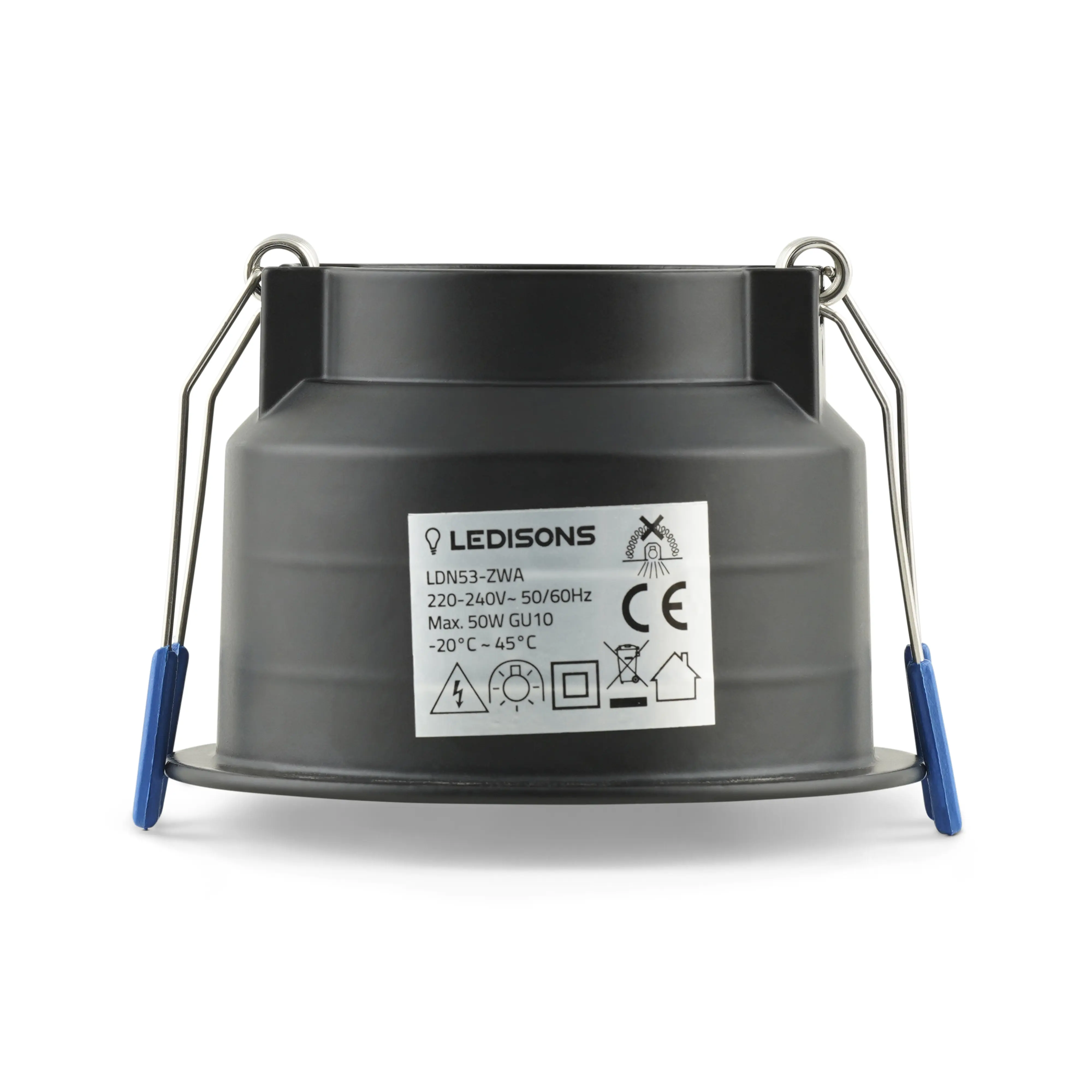 Schwarzes GU10 Einbaugehause mit Federklemmen und tiefer Bauform fuer eine saubere Montage in modernen Decken.