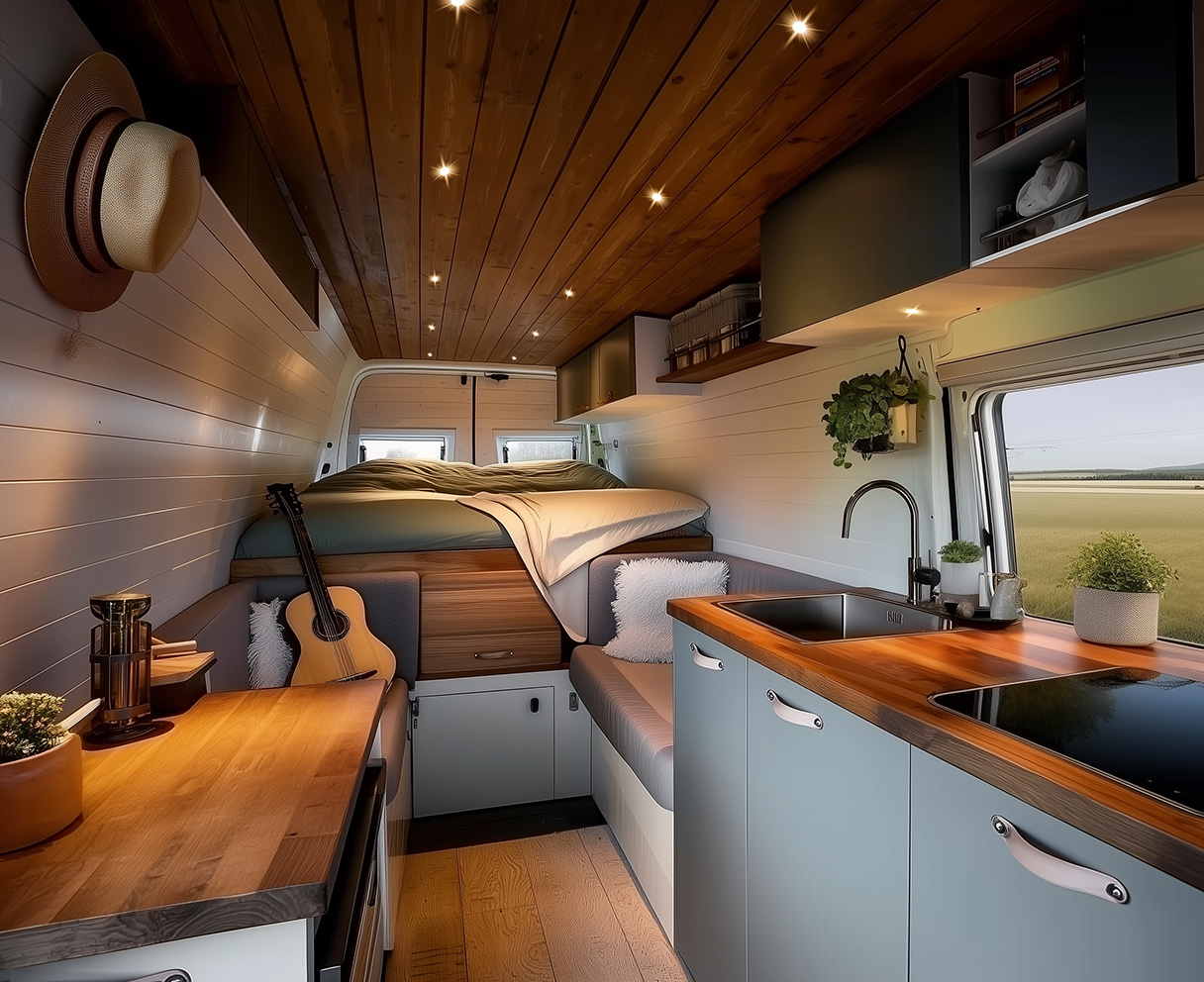 Mini LED Einbaustrahler im Holzdecken einer Camper fuer warme und gemuetliche Beleuchtung