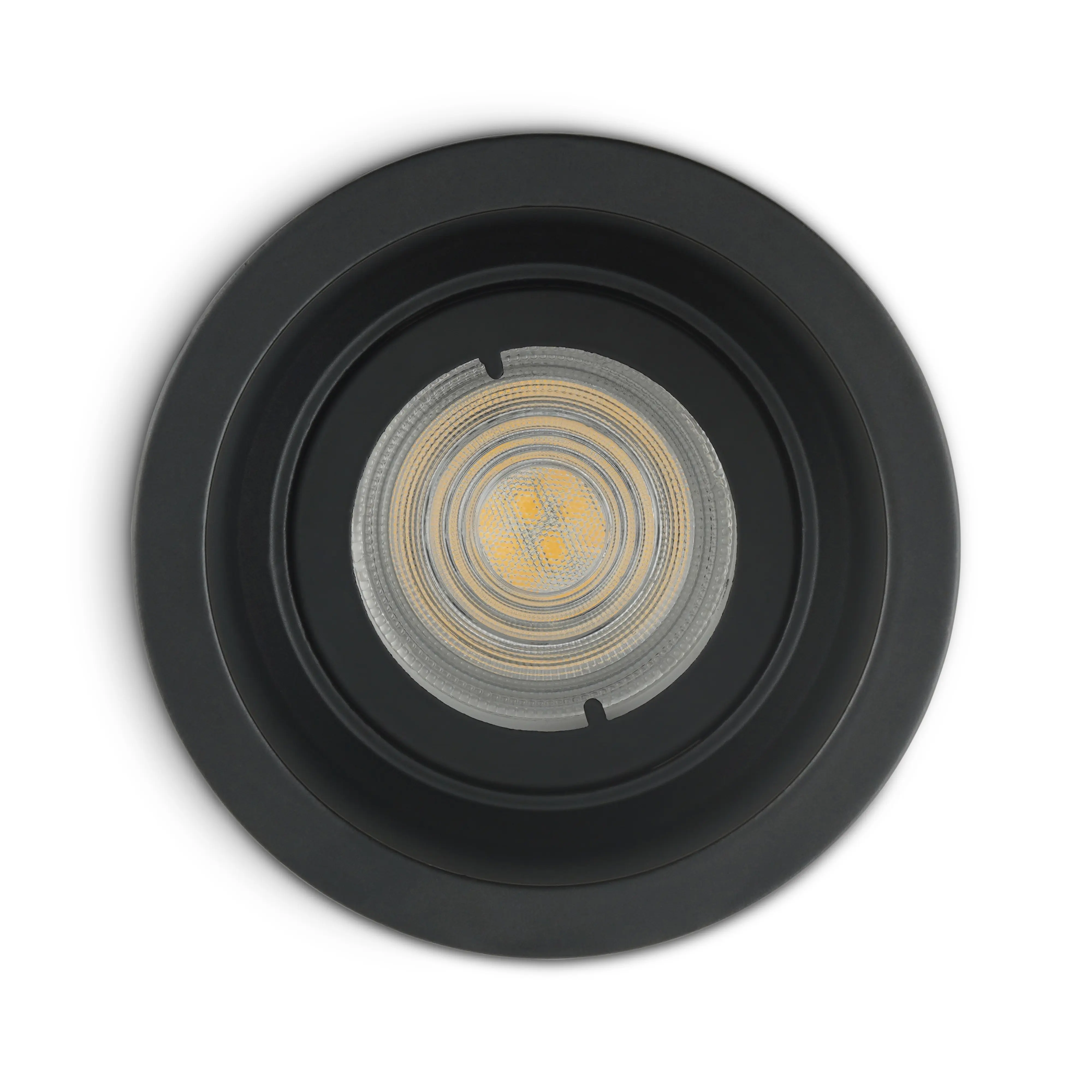 Schwarze Einbauleuchte mit sichtbarer GU10 Lampe im tiefen Einsatz fuer eine edle, moderne Deckenoptik.