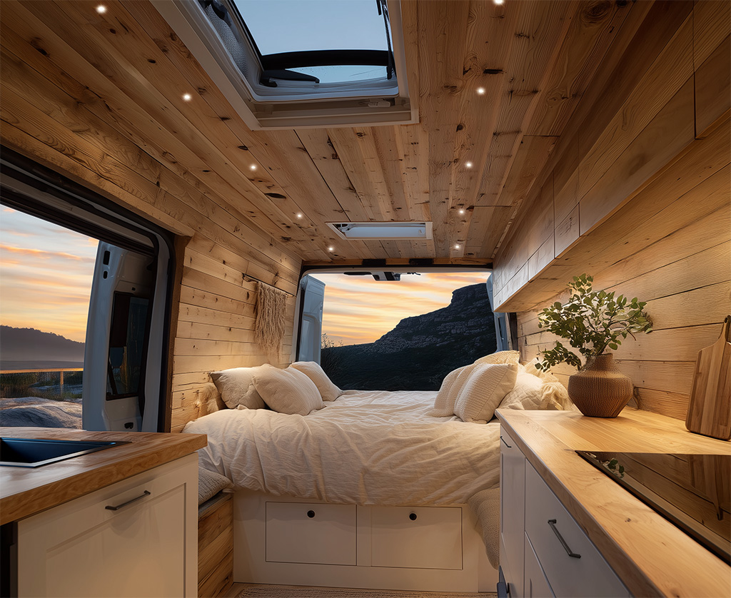 Varese-Van.jpg, van conversion, interieur van, hout interieur, bed met opbergruimte, kabin ontwerp
