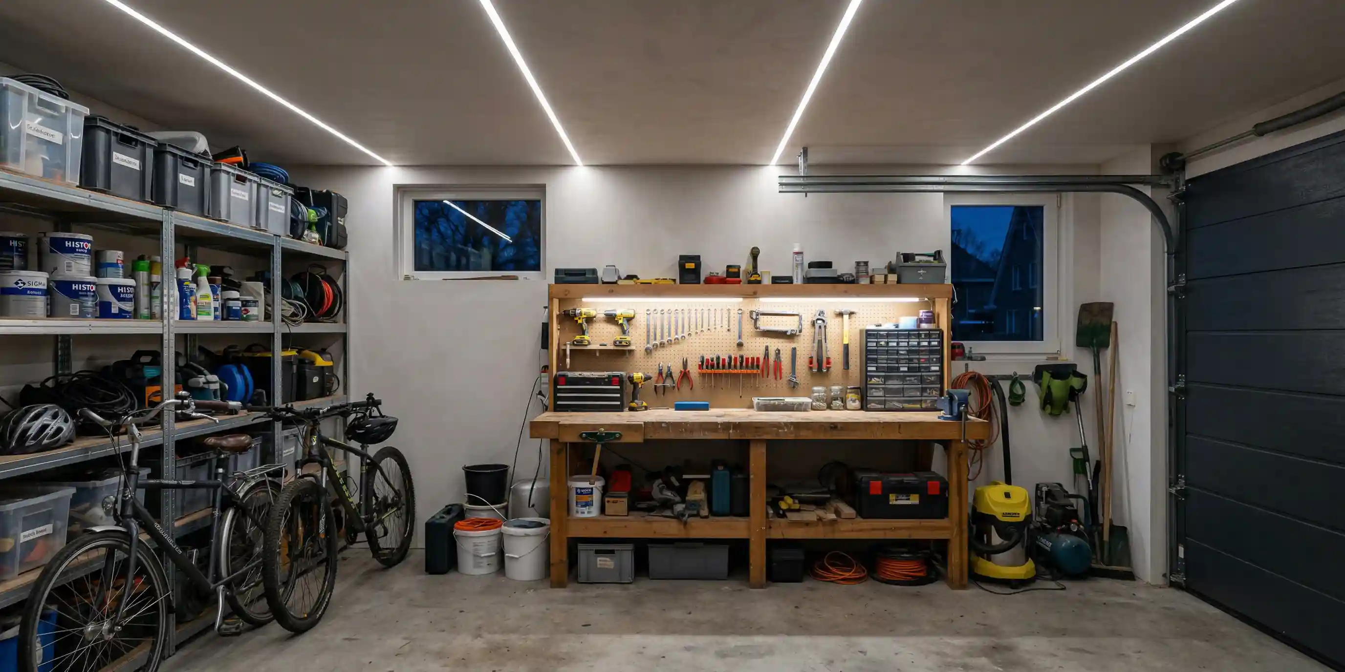 Garage Werkstatt mit kaltweissen LED-Streifen an der Decke fuer helle Ausleuchtung ueber Werkbank und Regalen