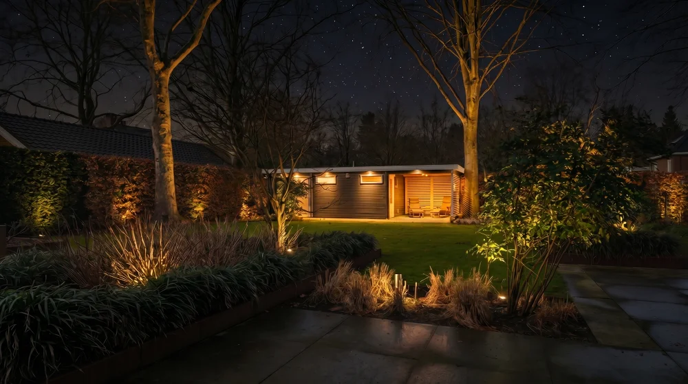 Gartenbeleuchtung mit Akzentlicht an Pflanzen, Baeumen und Terrasse gibt dem Garten Tiefe und Waerme