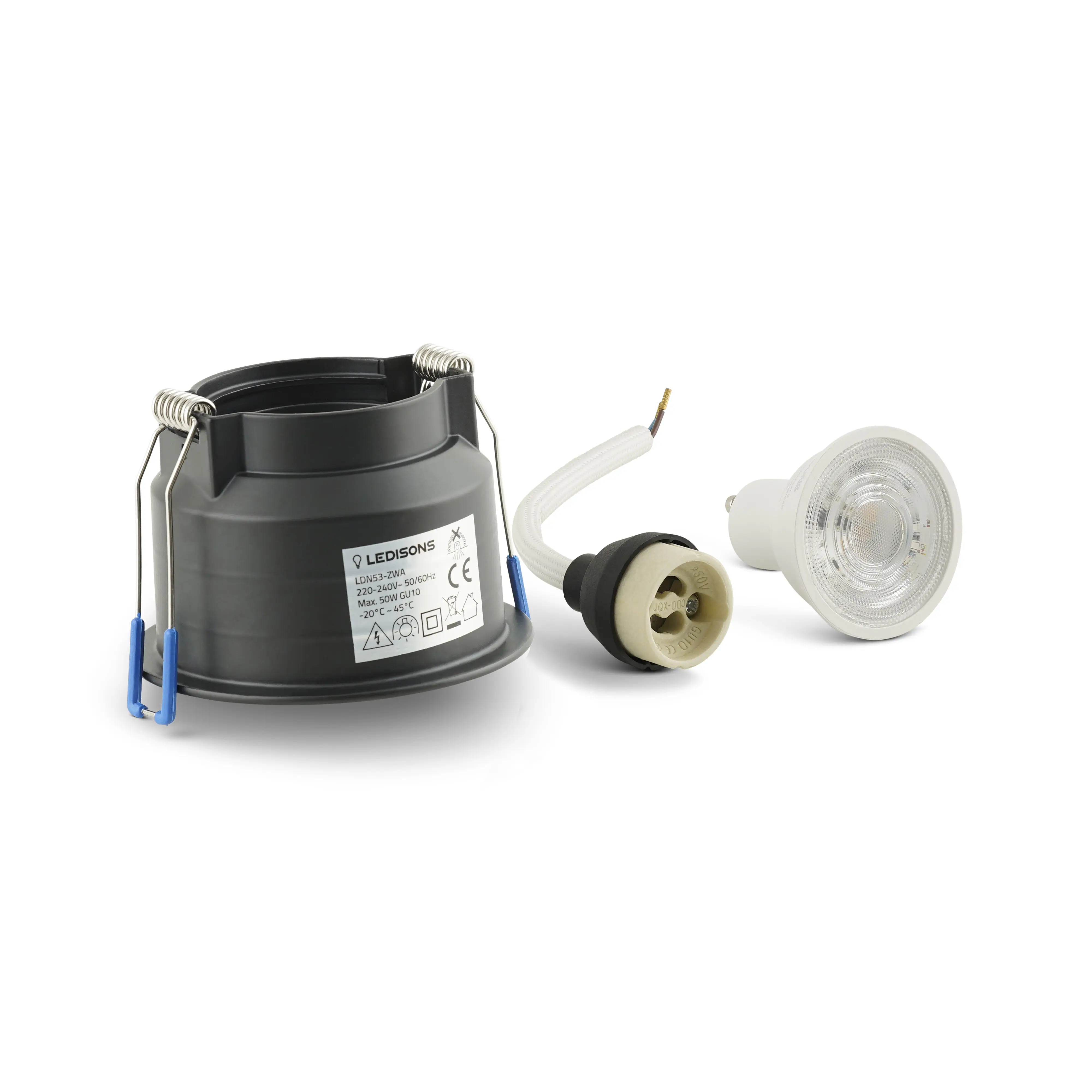 Komplettset mit schwarzer Einbauleuchte, GU10 Lampe und Fassung fuer eine edle und ruhige Deckenoptik.