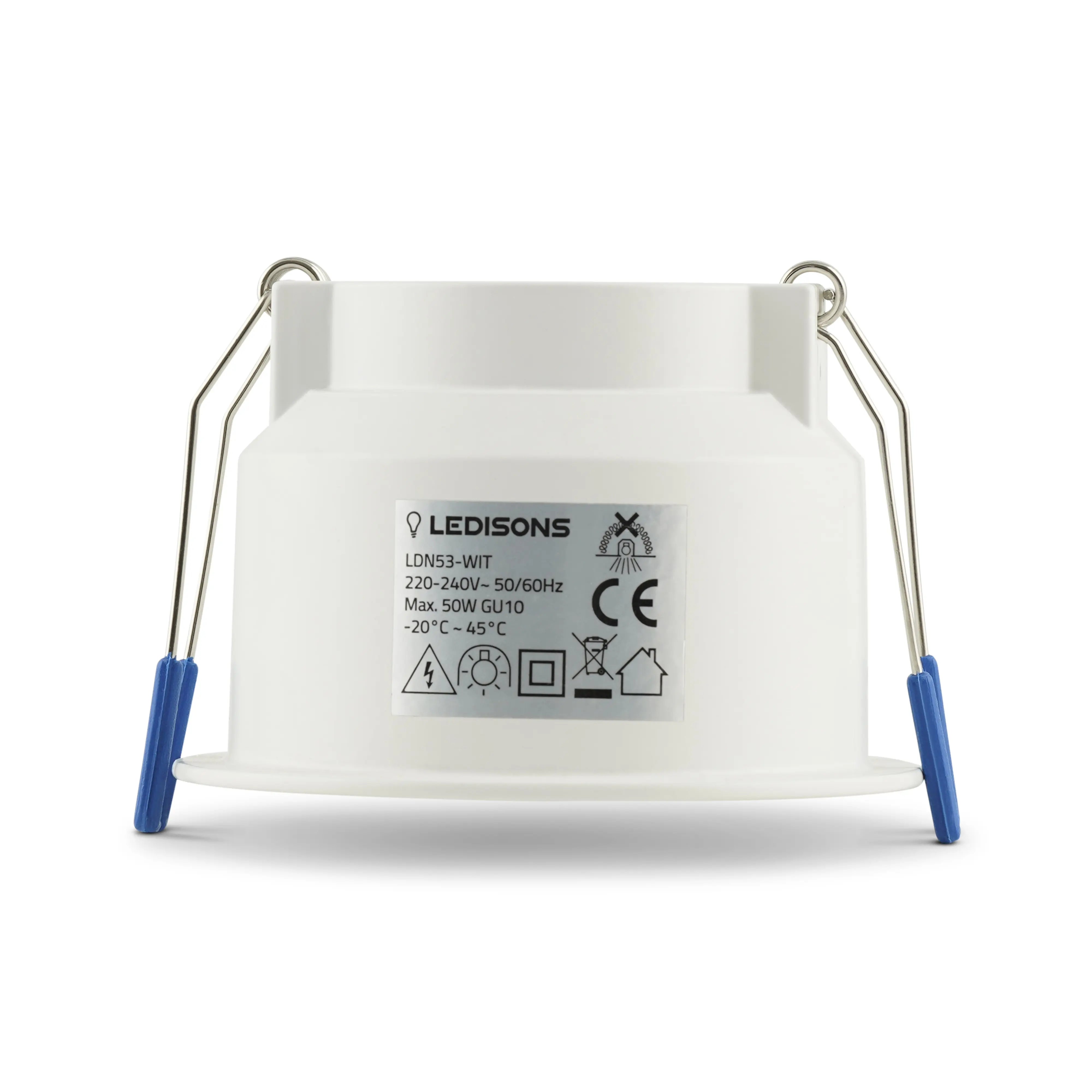 Weisses GU10 Einbaugehause mit Federklemmen und tiefer Bauform fuer eine saubere Montage in modernen Decken.