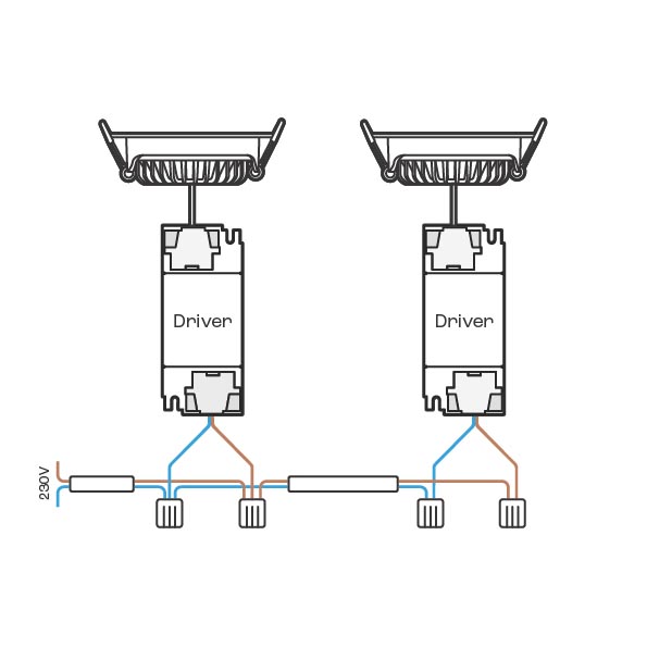 Installationsschaltplan für mehrere LED-Einbauspots Vivaro parallel an einen Schalter oder Dimmer angeschlossen