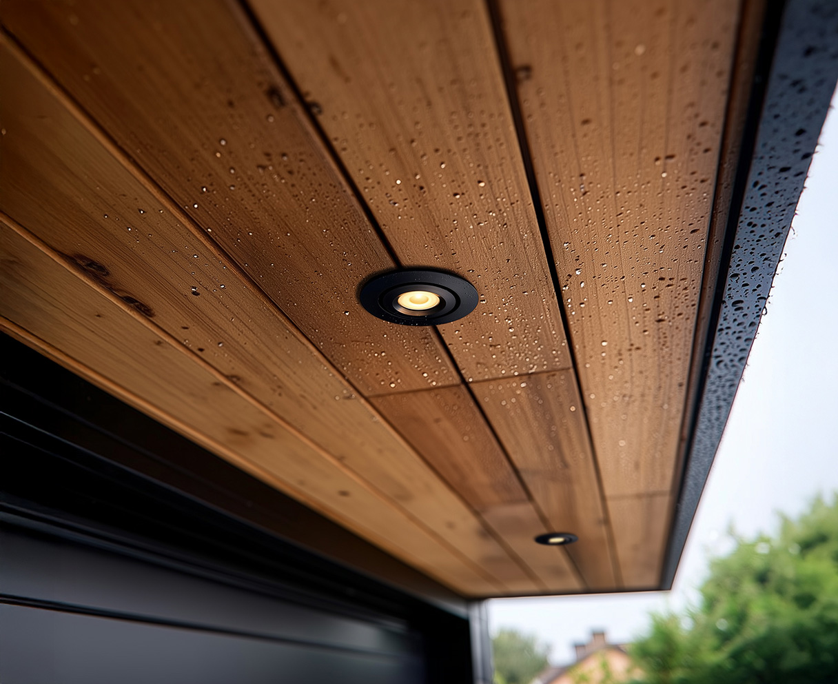 Wasserfester Mini LED Einbaustrahler in einer Holzueberdachung fuer stimmungsvolle Aussenbeleuchtung