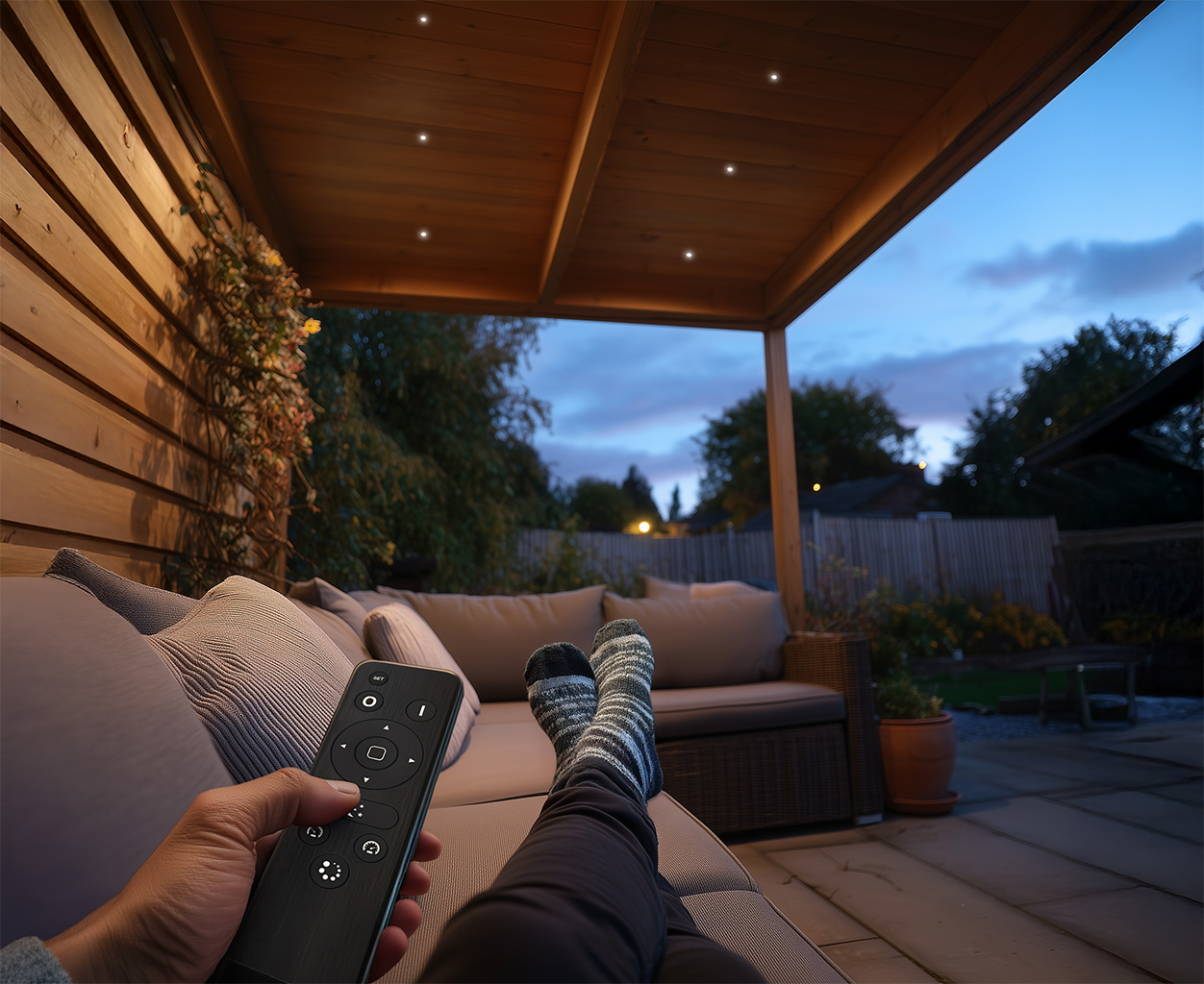 LED Einbaustrahler unter einer Holzueberdachung mit Fernbedienung steuern fuer gemuetliche Gartenbeleuchtung