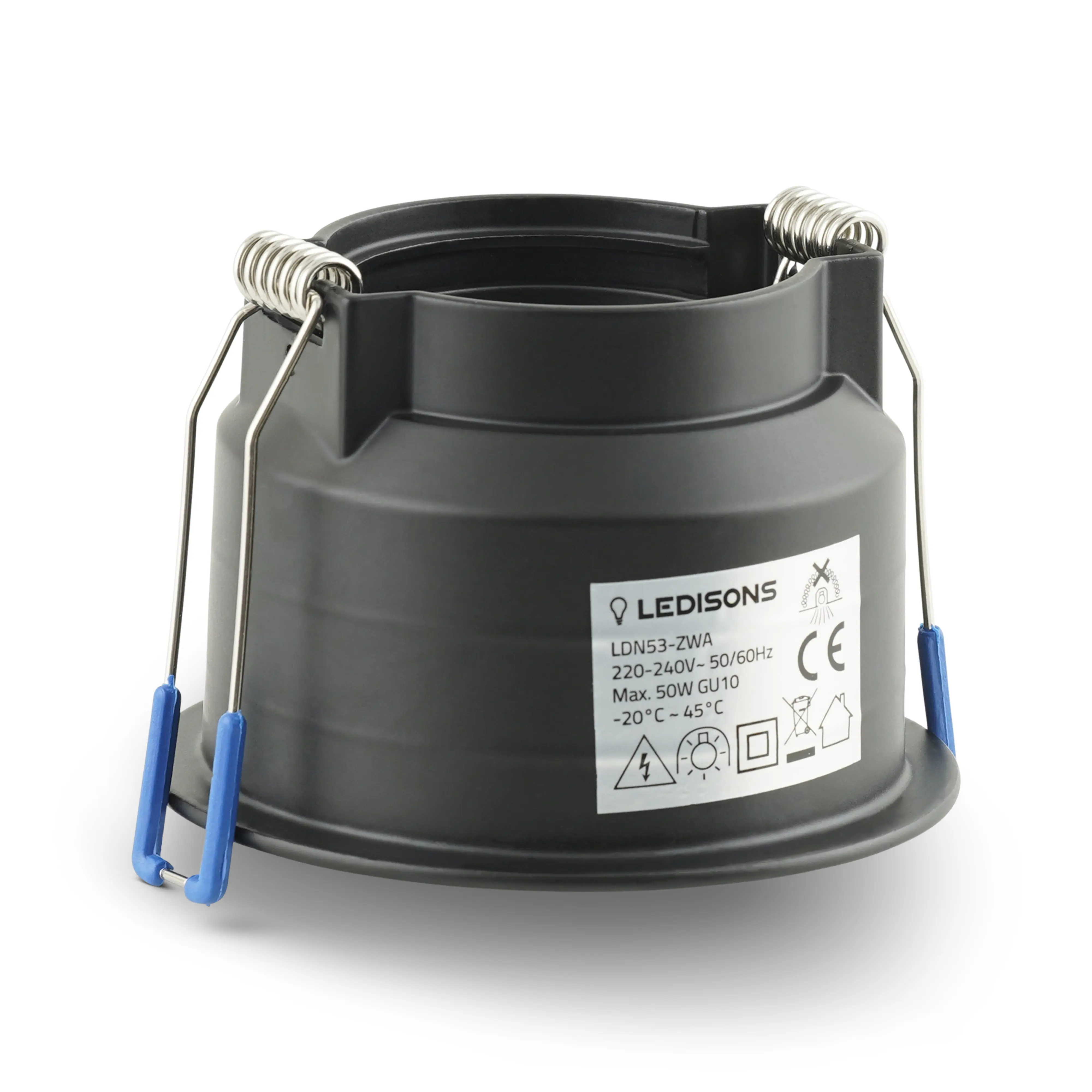 Schwarzes GU10 Einbaugehause mit Klemmfedern und tiefer Form fuer eine stabile, saubere Deckenmontage.